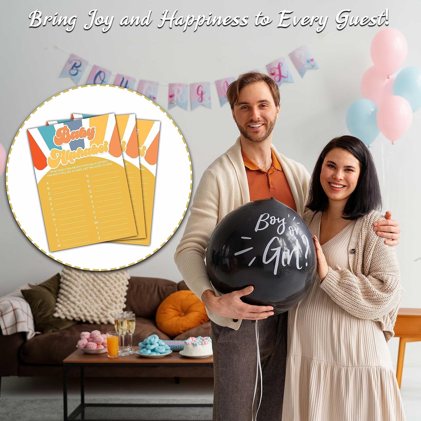 Boho Sunshine Baby Shower Games for Boy, 30 Baby Alphabet Game Cards, Gender Reveal Party Supplies Favors (5"x7") -A09
