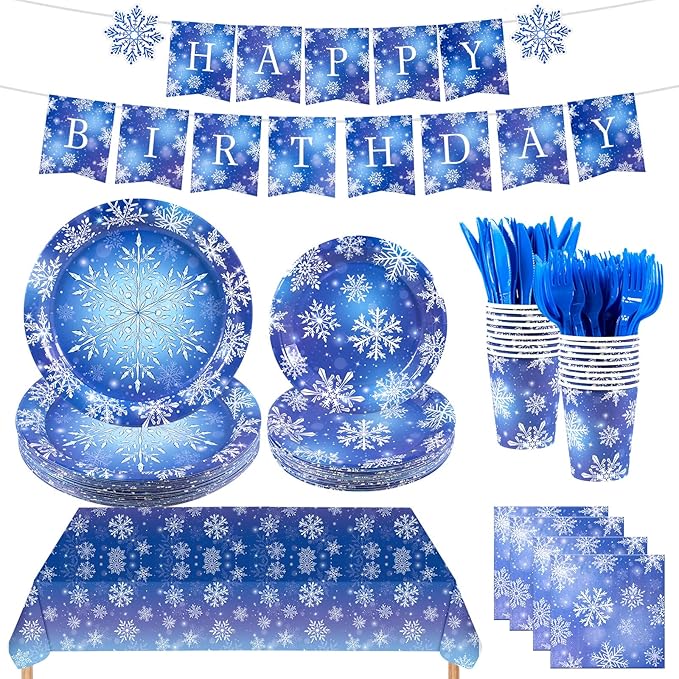 182PCS Winter Snowflake Frozen Birthday Party Supplies,Frozen Plates and Napkins Sets,for Christmas Winter Wonderland Party Supplies Table Decor, Serves 30
