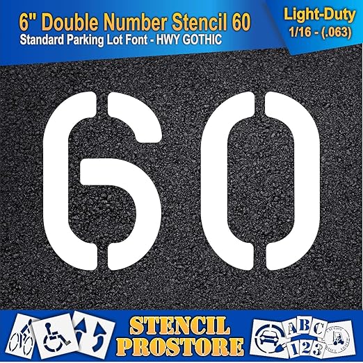 Pavement, Curb, and WheelStop Stencils - 6 inch Double Number Stencil - (60) - 6" x 9" x 1/16" (63 mil) - Light-Duty