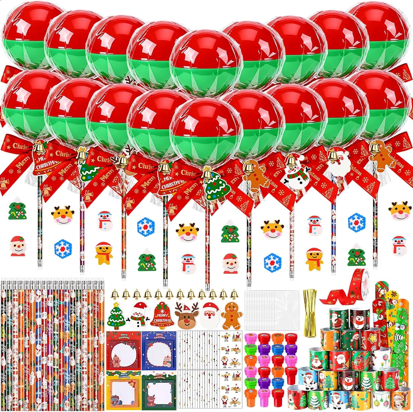 216Pcs Giant Lollipop Christmas Classroom Gifts for Kids, 24 Set Giant Lollipop with Pencils, Stickers, Erasers for Classroom School Exchange Christmas Party Favors Supplies