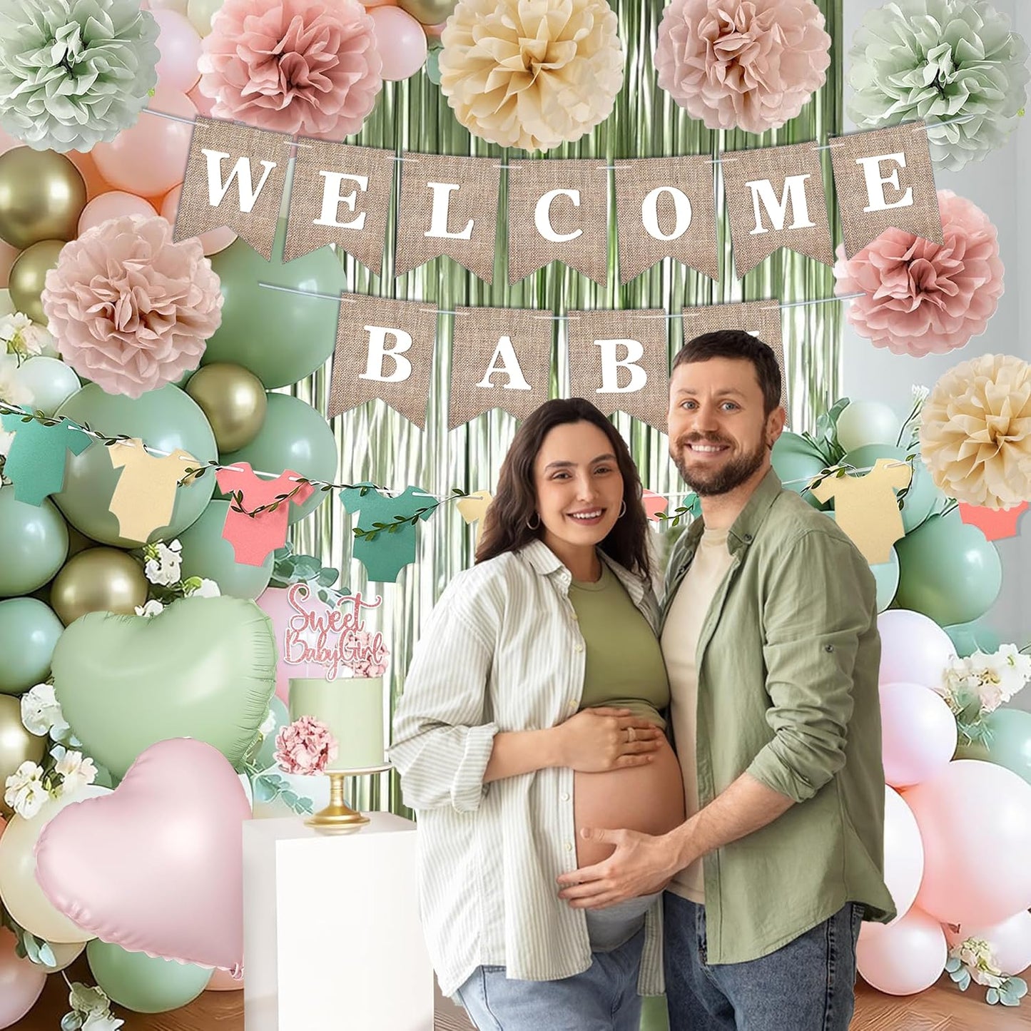 Pink Green Baby Shower Decorations Girls with Welcome Baby Banner, Paper Pom Poms, Sweet-Girl Baby Cake Topper, Retro Olive Pink Metallic Balloon Décor for Easter Jungle Safari Fairy Baby Shower Party