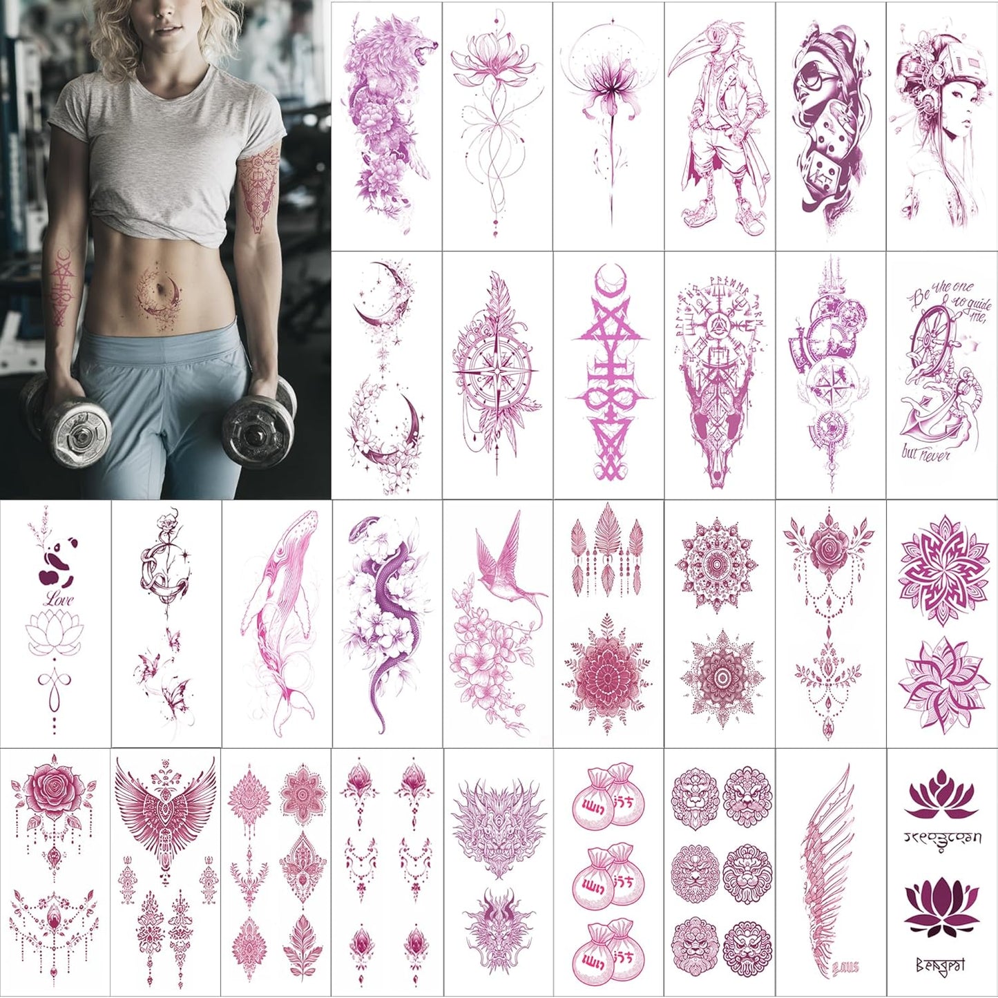 Feminine Pink Art Temporary Tattoos | Realistic Pink Purple Temporary Tattoos for Women, Floral Bird Moon & Symbol Fake Tattoo Stickers from Elegant to Edgy for Party Travel Daily Use