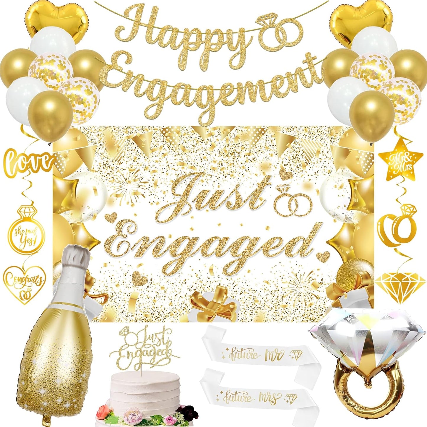 Vlipoeasn Gold Engagement Party Decorations for Couple, Just Engaged Backdrop Banner, Cake Topper, Honeycomb, Hanging Swirls