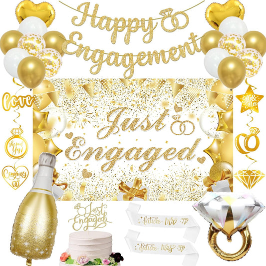 Vlipoeasn Gold Engagement Party Decorations for Couple, Just Engaged Backdrop Banner, Cake Topper, Honeycomb, Hanging Swirls
