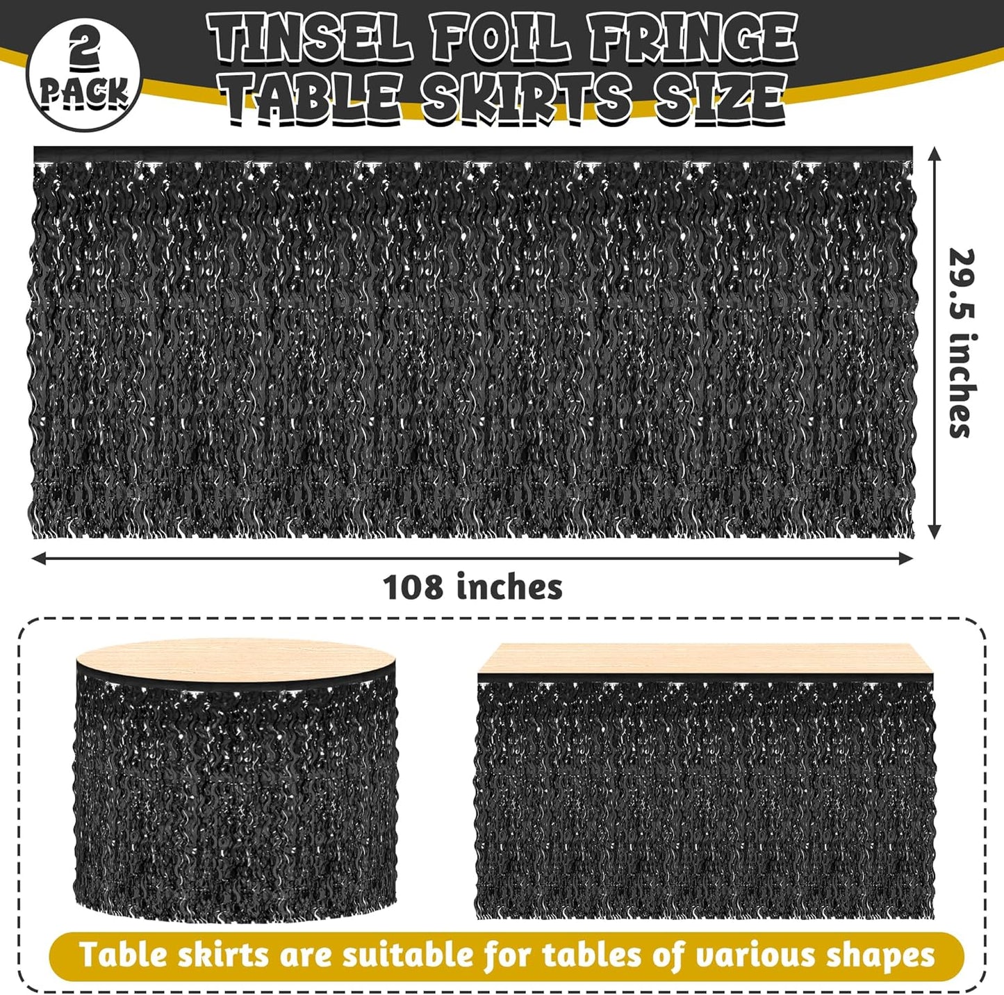 Halloween Table Skirt Decor, 2 Pack Black Foil Grass Desk Skirt, Metallic Wavy Tinsel Foil Fringe Table Skirts, Table Skirts for Graduations Halloween New Years Parade Party Decorations