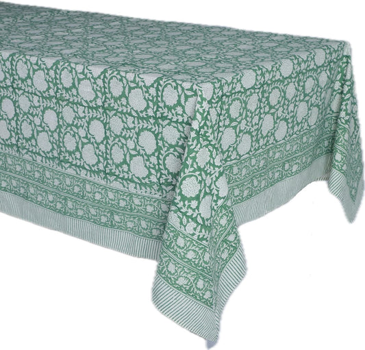 ATOSII Shalimar Green 100% Cotton Rectangle Fall Tablecloth, Handblock Floral Table Cloth Linen for Kitchen Dining I Parties Wedding Outdoors Christmas Thanksgiving I Fall Home Decor 60 X 108 Inches