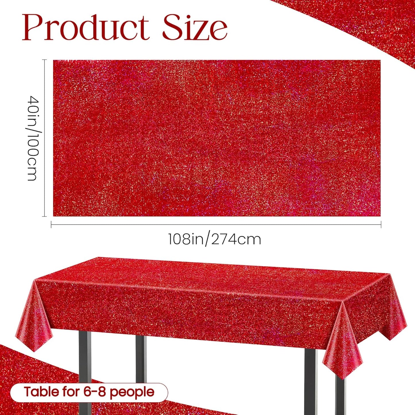 2 pcs Red Holographic Laser Tablecloths for Parties 40" x 108" Christmas Table Cloth Iridescence Shining Table Decoration For 4th July Graduation Patriotic Casino Night Theme Birthday Party Supplies