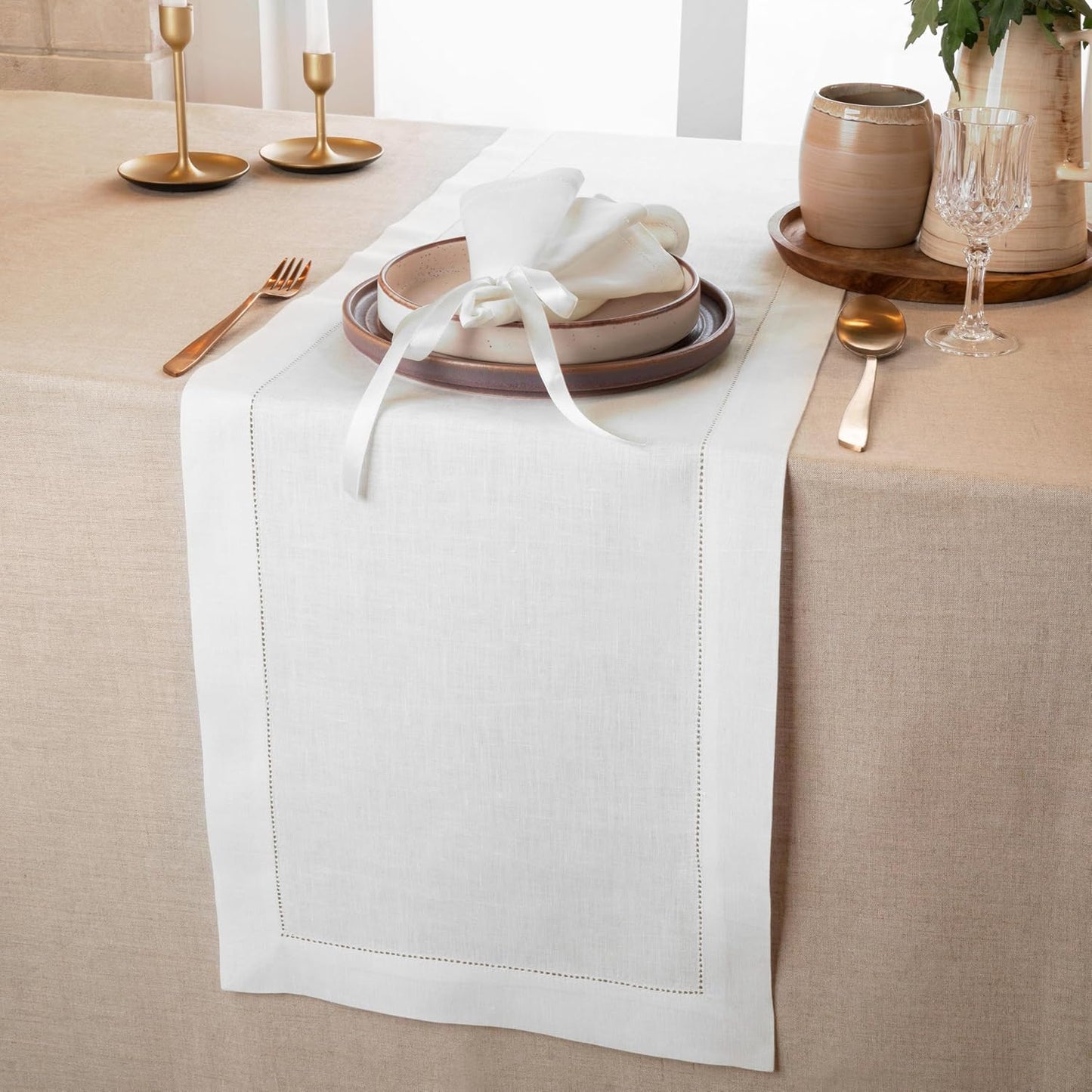 D'Moksha Homes Linen White Table Runner 132 Inches Long - 100% Pure Linen Extra Long Table Runner 14 x 132 Inch for Fall, Autumn and Halloween - Classic Hemstitch