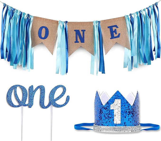 Baby 1st Birthday Boy Decorations with Crown - Baby Boy First Birthday Decorations High Chair Banner - Cake Smash Party Supplies - Happy Birthday ONE Burlap Banner, No.1 Silver and Blue Crown