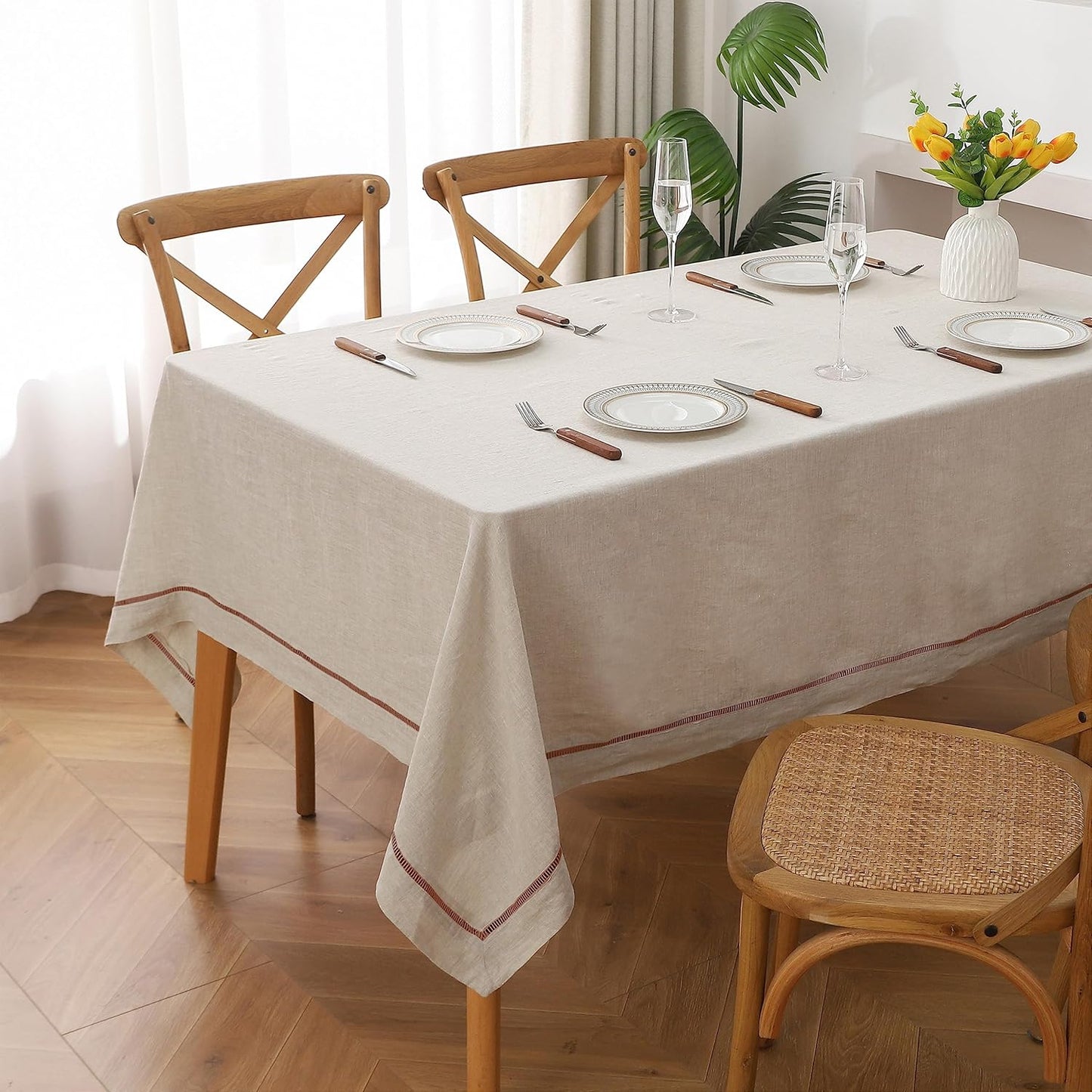 Linen World Hemstitch Linen Tablecloth,100% French Flax,60x108Inch Handcrafted Natural-Macchiato Linen Table Cloth,Tabletop Decoration,Kitchen & Dining Table Cloths