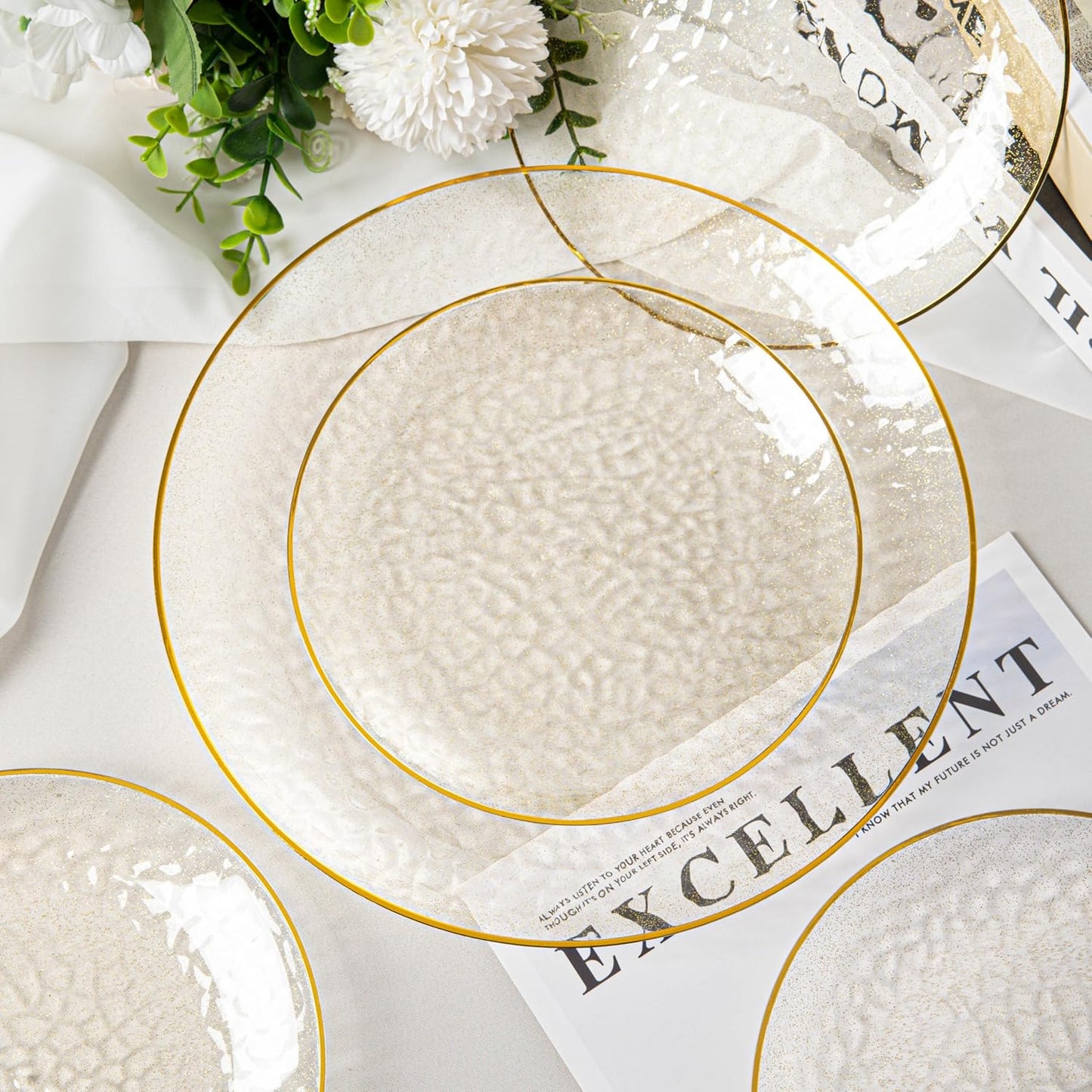 Lullaby 100PCS Clear Plastic Plates with Gold Rim, Includes 50pcs Dinner Plate 10” and 50pcs Dessert Plate 7”, Disposable Heavyduty Plates for Birthdays, Parties and Wedding