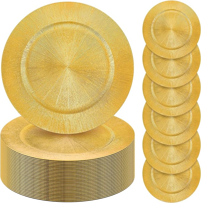 Tanlade 50 Pcs Gold Charger Plates Bulk, 13" Round Plastic Dinner Charger Plate, Shiny Golden Table Chargers Serving Plates Catering Tabletop for Thanksgiving Halloween Christmas Wedding Party Decor