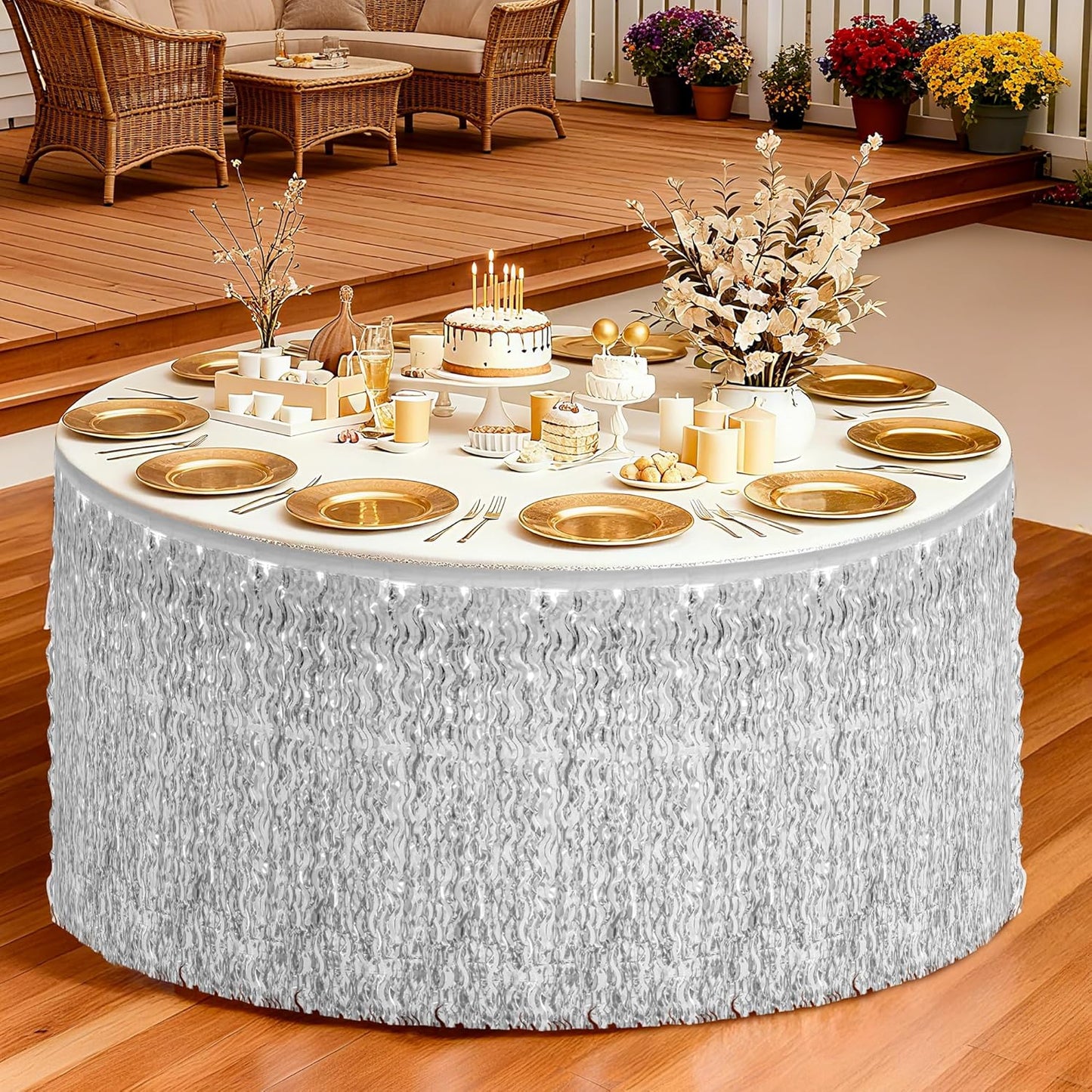 2 Pack Silver Desk Skirt, Metallic Grass Skirt for Table, Birthday Wavy Tinsel Foil Fringe Table Skirts, Foil Table Skirts for Christmas Wedding Birthday Indoor Party Celebrations Decor