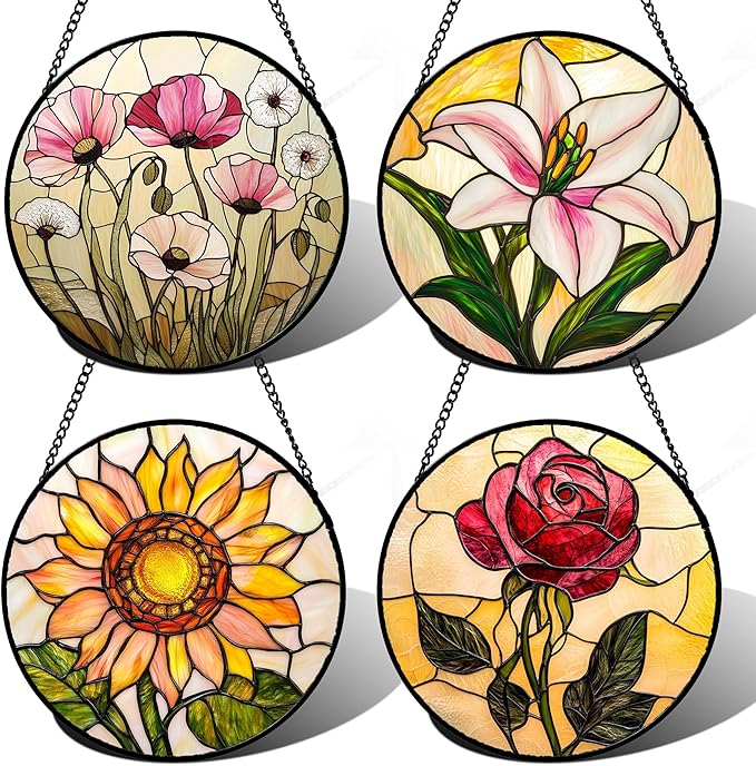 Stained Glass Window Hanging 4 Pcs Set Lily Rose Sunflower Poppy 6.3" - Flower Suncatcher Door Garden Sun Catcher Decor Birthday Mother's Day for Wife Woman Nana Girl