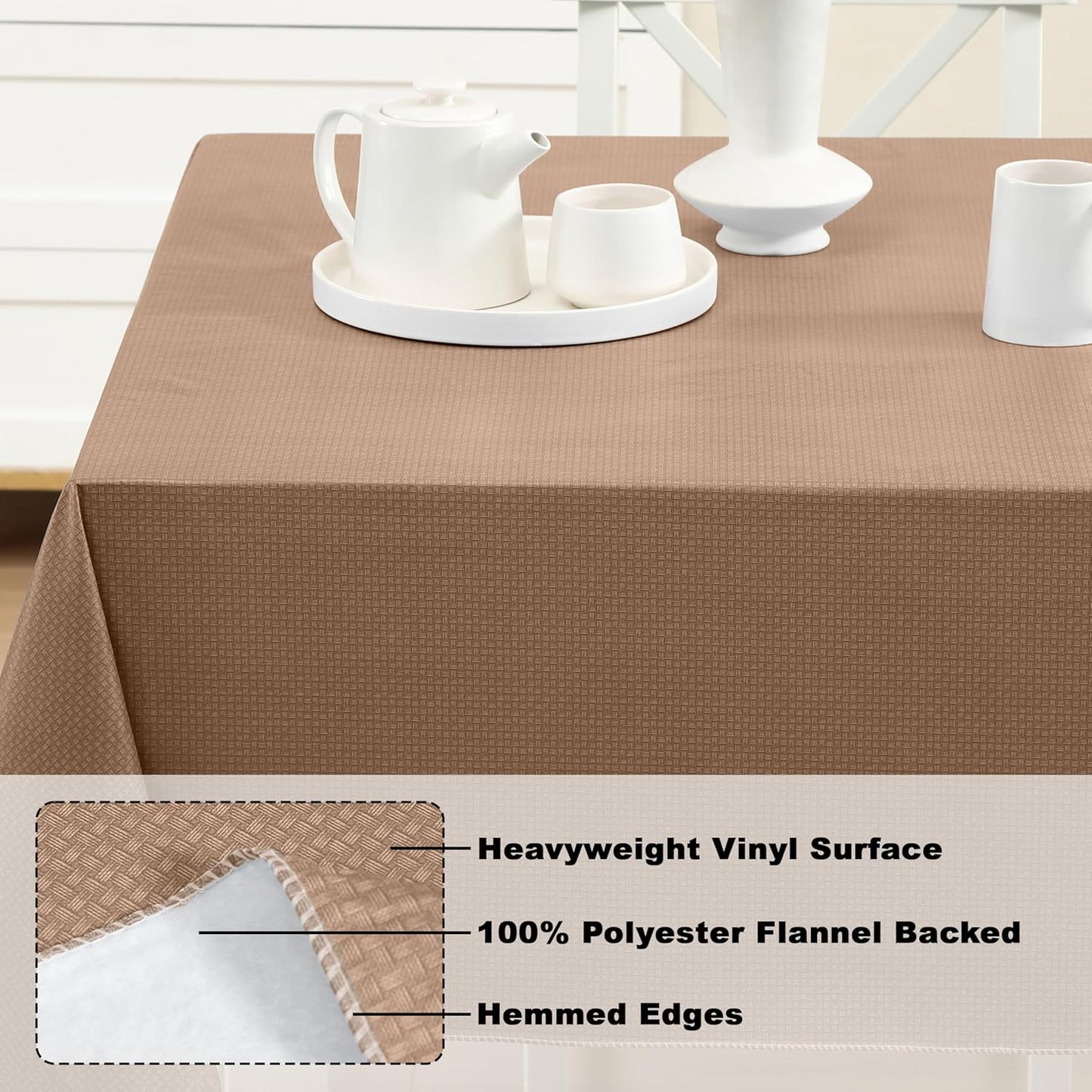 Newbridge Basketweave Vinyl Flannel Backed Tablecloth, 52 x 52 Inch Square, Taupe, Basket Weave Textured Indoor Outdoor Waterproof Table Cover for Patio, Kitchen, Dining