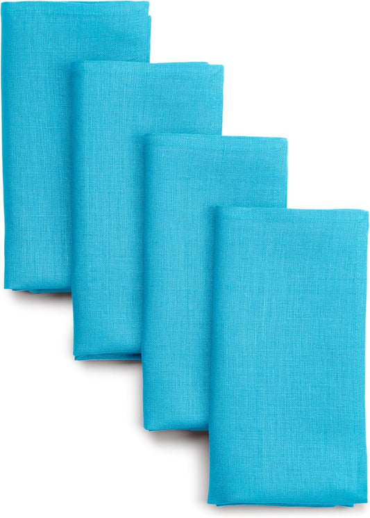D'Moksha Homes Cyan Blue Linen Napkins 18 x 18 Inch - 100% Pure Linen Cloth Washable Dinner Napkins Set of 4 for Fall, Thanksgiving, Holiday