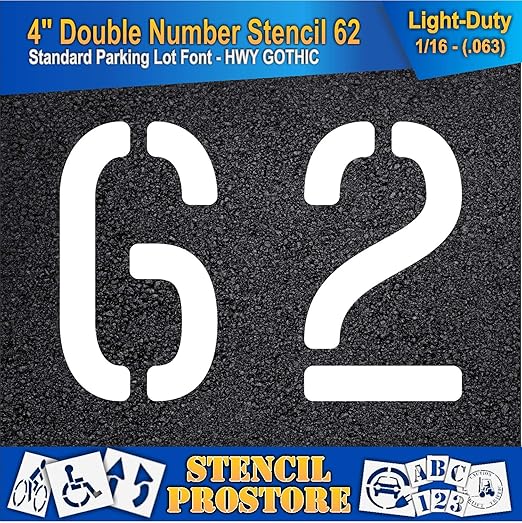 Pavement, Curb, and WheelStop Stencils - 4 inch Double Number Stencil - (62) - 4" x 5.5" x 1/16" (63 mil) - Light-Duty