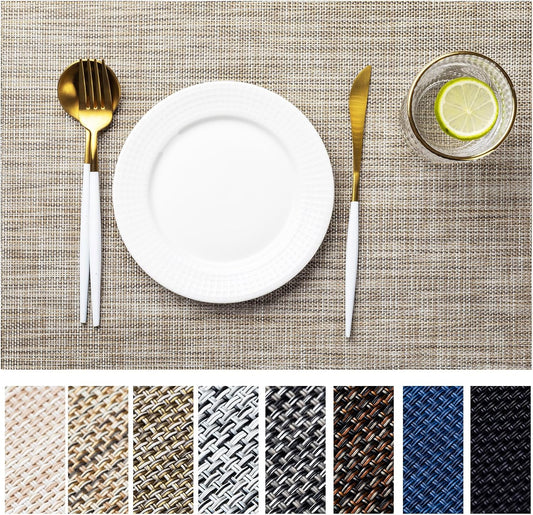 LEXMORE Placemats Set of 8 Vinyl/Plastic Woven Place Mats for Kitchen Table Indoor/Outdoor Washable Placemat Wipeable Dining Table Mats(Caramel)