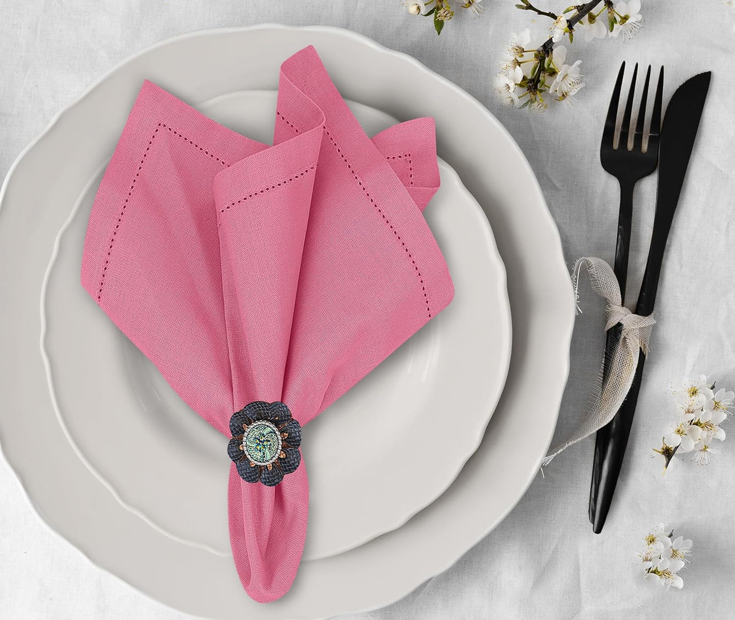 Ruvanti Premium Linen Napkins Set of 6-20x20 Inch, Classic Hemstitch, Mitered Corner Cloth Napkins ‎‎- Soft, Elegant Dinner Napkins Cloth Washable for Weddings, Parties, Everyday Use - Pink