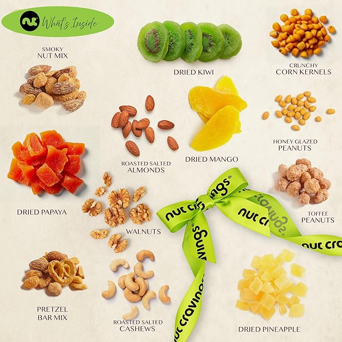 NUT CRAVINGS - Halloween Treats For Adults Dried Fruit & Mixed Nuts Gift Basket in Reusable Wooden Tray + Ribbon (12 Assortments) Holiday Xmas Christmas Food Arrangement, Healthy Snack Care Package,