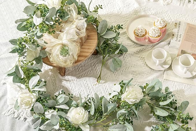Miracliy 6 Ft Eucalyptus Garland with Flowers, Lambs Ear Greenery White Roses Flower Garland Fake Vines for Wedding Boho Table Mantle Backdrop Party Farmhouse Home Decor