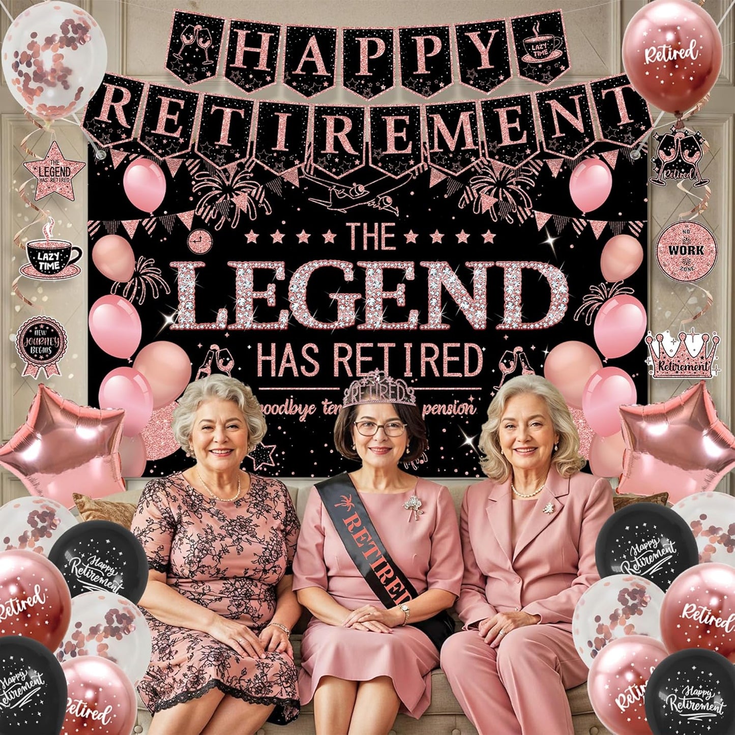 Roetyce Retirement Party Decorations Women, Black and Pink Happy Retirement Banner Backdrop Balloon Hanging Swirls for Coworker, Rose Gold Lengend Has Retired Sash & Crown, Office Retired Background