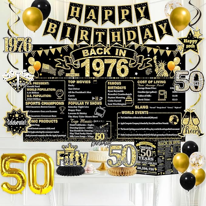 50th Birthday Decorations for Men, Black Gold Back in 1976 Party Supplies with Banner, Backdrop, Sash, Balloons, Cake Topper, Honeycomb Decorations, Happy 50 Year Old Birthday Decor Kit