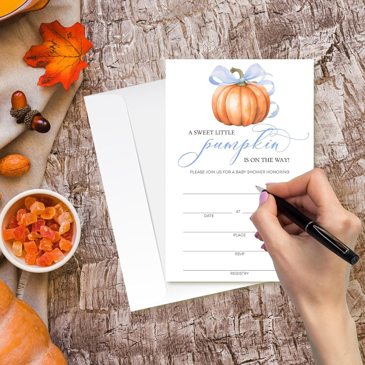 Blue Pumpkin Baby Shower Invitations - “A Sweet Little Pumpkin Is On The Way” Design with Envelopes And RSVP Cards - 20Pcs Fill In Baby Shower Party Cards(4 x 6 Inch) (043)