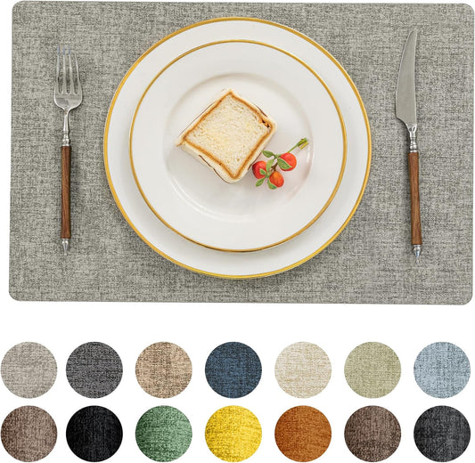 Romanstile Vinyl Placemats Set of 12-12 X 18 Inch - Heat Resistant Place Mats 100% Waterproof Oilproof Wipeable Reversible Faux Leather Table Mats for Kitchen/Dining/Party/Outdoor, Light Grey
