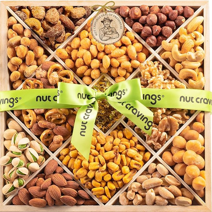 NUT CRAVINGS - Halloween Treats For Adults Mixed Nuts Gift Basket in Reusable Diamond Wooden Tray + Green Ribbon (12 Assortments) Holiday Xmas Christmas Food Arrangement Healthy Snack Care Package