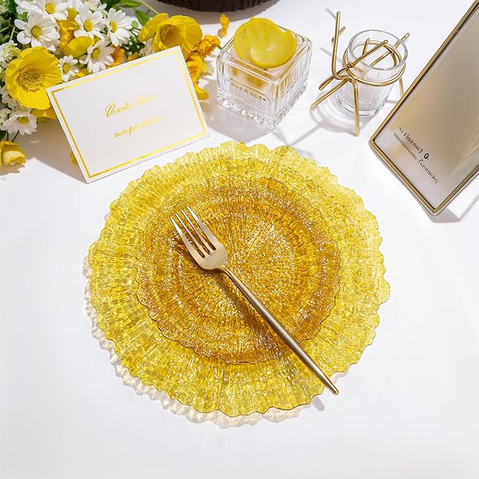U-QE 60PCS Clear Yellow Plates - Yellow Plastic Plates Disposable&Reusable - Heavy Duty Plastic Plate for Party&Wedding Including 30 Dinner Plate 10" & 30 Appetizer 7"