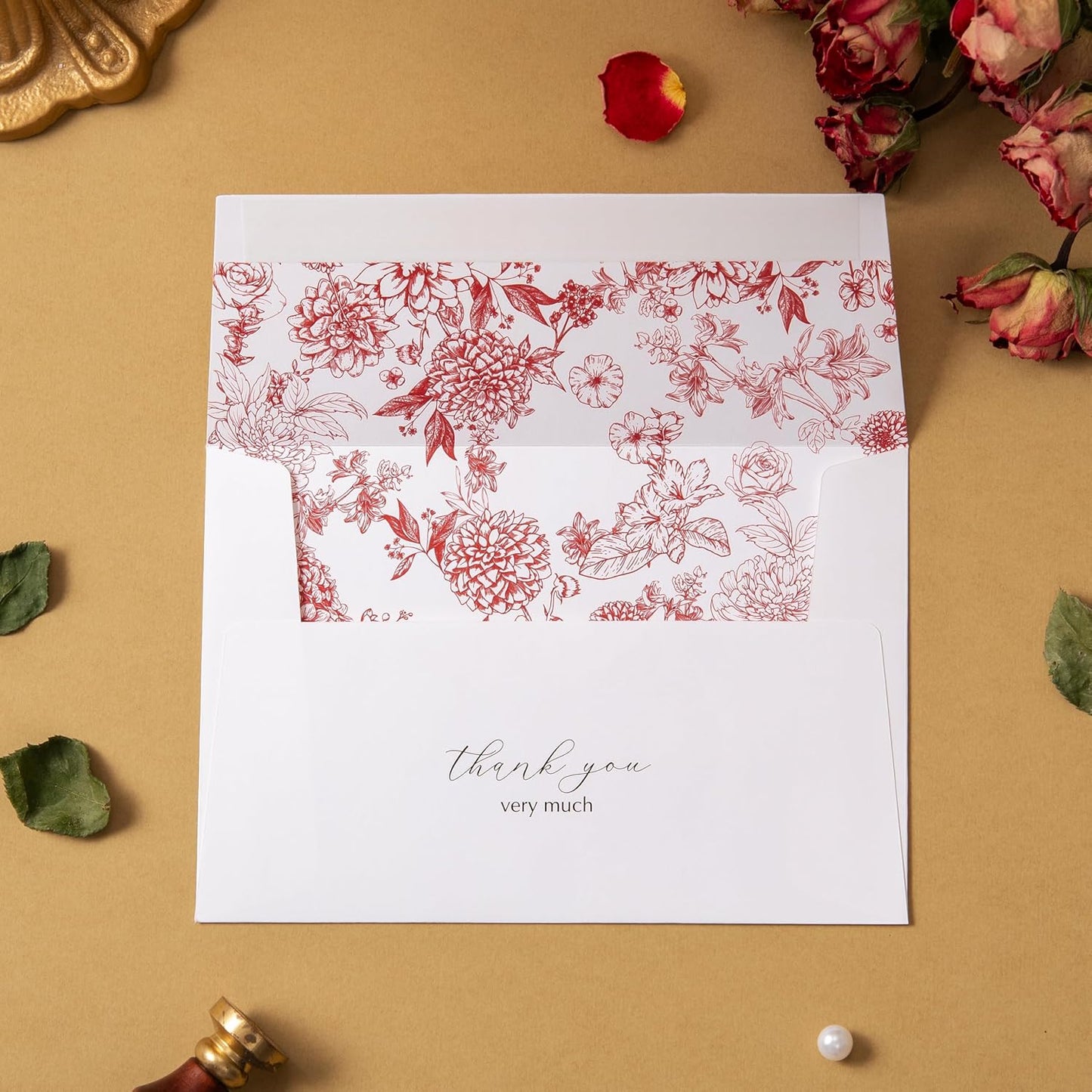 Crisky Red Floral Thank You Cards Gold Foil Greeting Notes Bulk with Envelopes & Stickers (25 Pack) for Birthday, Baby Shower, Bridal Shower, Wedding, Graduation
