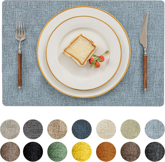Romanstile Vinyl Placemats Set of 12-12 X 18 Inch - Heat Resistant Place Mats 100% Waterproof Oilproof Wipeable Reversible Faux Leather Table Mats for Kitchen/Dining/Party/Outdoor, Sky Blue