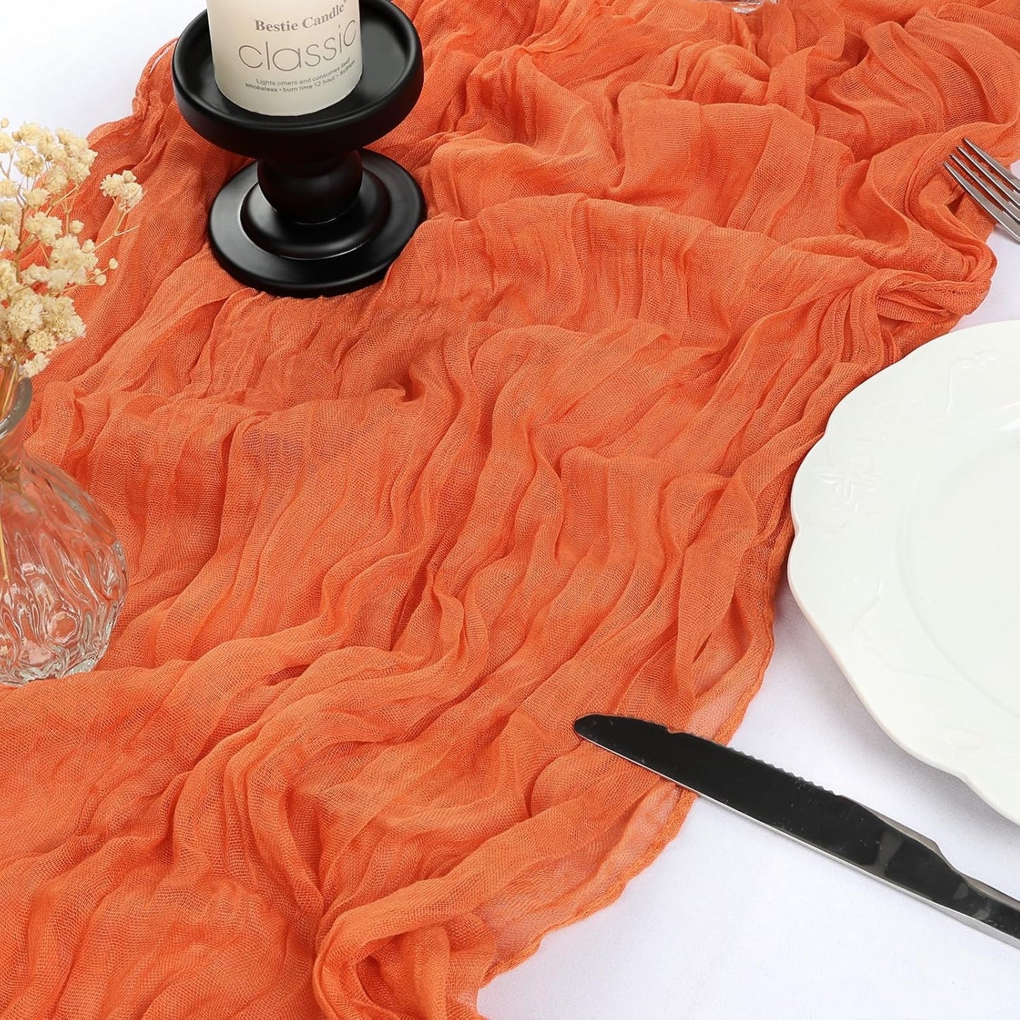 12 Pack 10FT Fall Table Runner Orange Cheesecloth Table Runner 35x120 Inch Gauze Rustic Boho Cheese Cloth for Thanksgiving Wedding Decor Birthday Party Holiday Baby Shower Centerpiece Decoration