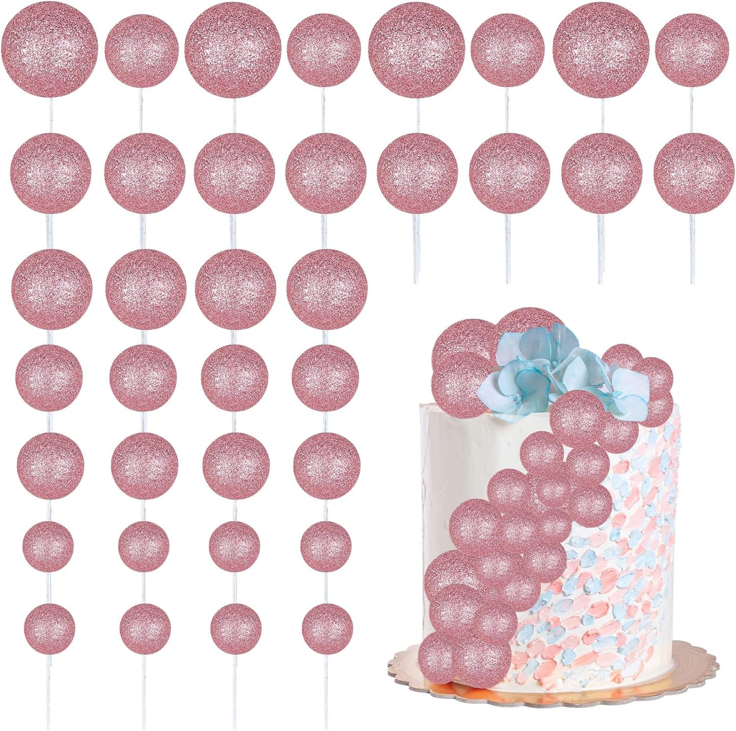 30Pcs Balls Cake Topper Glitter Foam Ball Cake Picks Faux Pearl Ball Shaped Cupcake Insert Cake Topper for Baby Shower Wedding Anniversary Kids Birthday Graduation Party Cake Decorations Pink