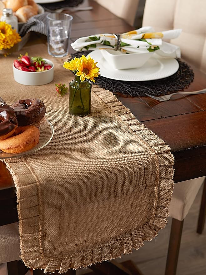 DII Jute Burlap Collection Kitchen Tabletop, Table Runner, 14x72, Ruffle Trim Natural