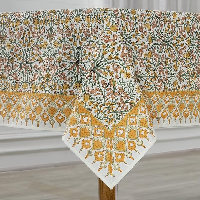 Ridhi - Goldenrod Yellow Hand Block Print Cotton Cloth Dinning Table Cover Wedding Farmhouse Thanks Giving Christmas Spring Tablecloth 4 Seater 60x60 Inches