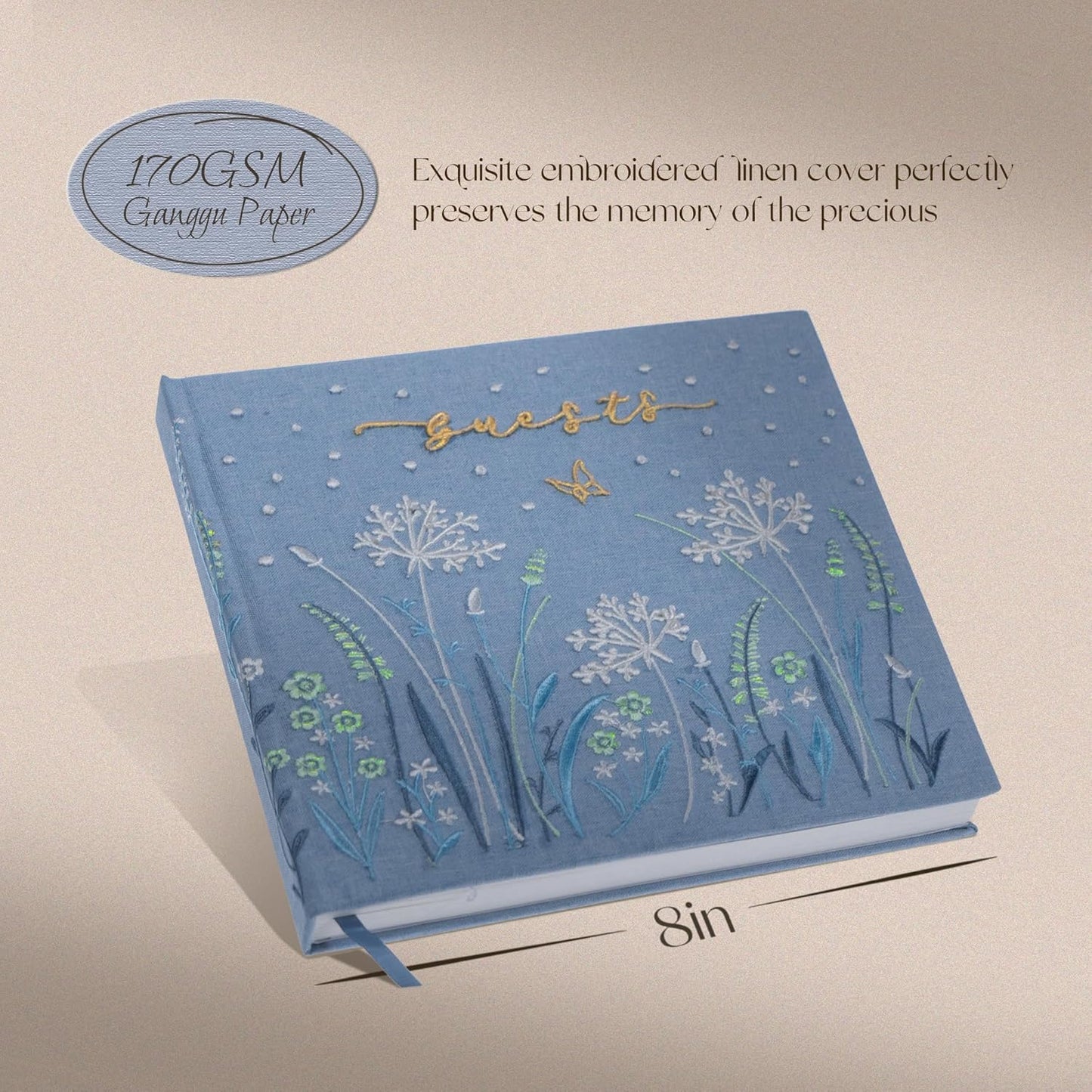 Embroidered Wedding Guest Book—The Perfect Polaroid Guest Book for Wedding Receptions, Birthdays, Baby Showers, and Special Events with 3 Photo Corner Stickers+ 3 DIY pens+1 Diamond Pen (Blue)
