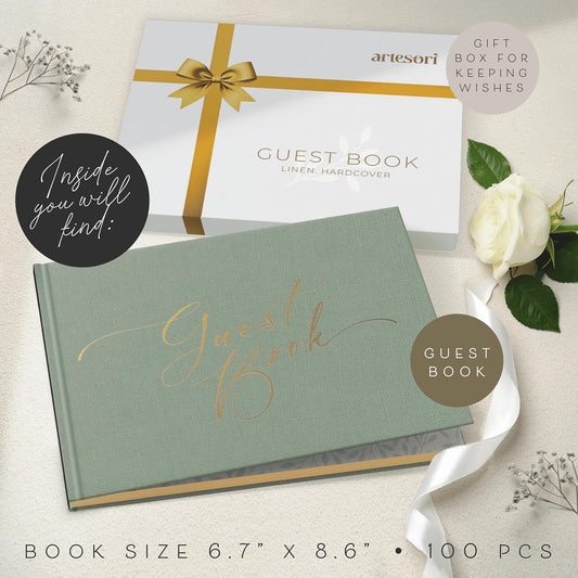 ARTESORI Wedding Guest Book for Reception — Gold-Foiled Guestbook to Sign in, Elegant Baby Shower Guest Book for Party & Birthday — Photo & Polaroid Guest Book for Wedding & Bridal Shower (Sage)