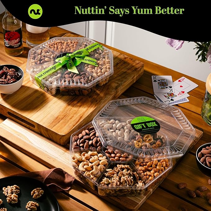 NUT CRAVINGS - Halloween Treats For Adults Mixed Nuts Gift Basket + Green Ribbon (7 Assortments, 1 LB) Holiday Xmas Christmas Food Arrangement, Healthy Snack Care Package, Food Assortments