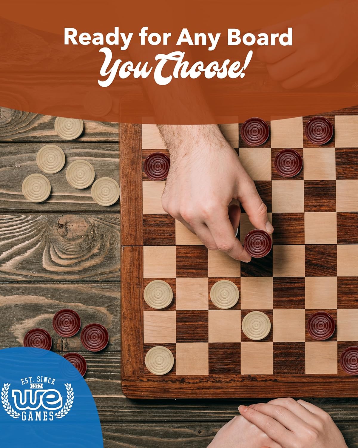 WE Games Wooden Checkers Pieces Only (2 inch), Checker Board Game & Backgammon Pieces, 24 Brown and Natural Stained Stackable Ridges with a Drawstring Storage Bag, Replacement Game Piece