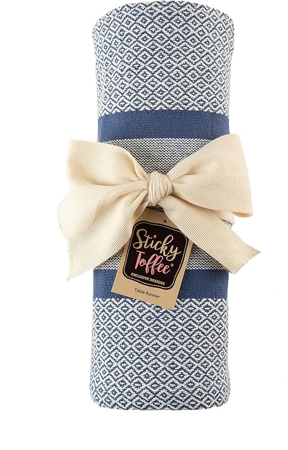 Sticky Toffee Cotton Table Runner, 14 x 72 Inch, Blue Woven Farmhouse Boho Striped Table Décor for Kitchen or Dining