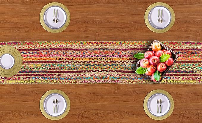 COTTON CRAFT Jute Chindi Table Runner - Braided Handwoven Reversible Tablerunner - Summer Fall Harvest Holiday Festive Party Boho Rustic Farmhouse Dining Kitchen Tabletop - 13 x 72 inch - Multicolor