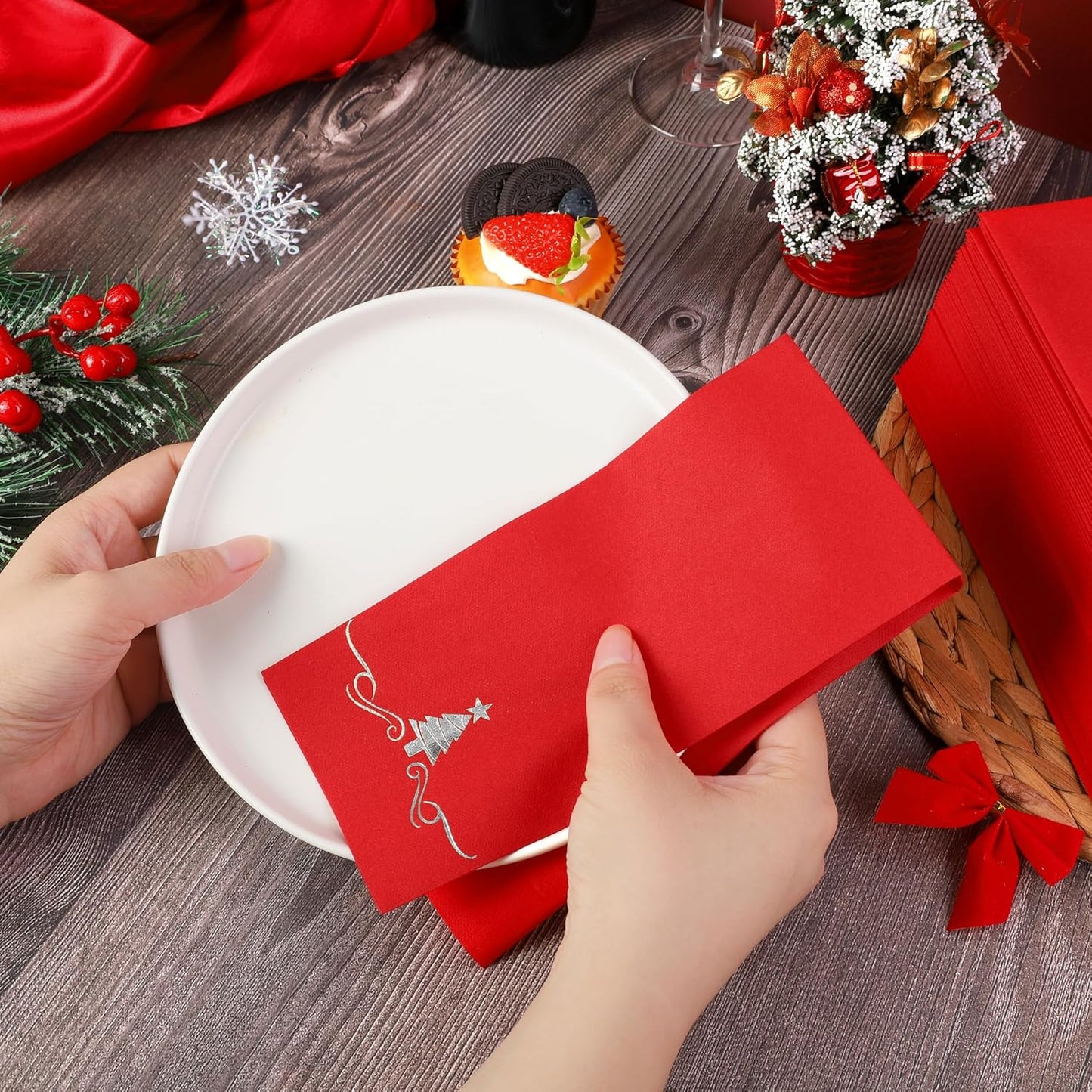 100 Pack Disposable Guest Napkins - 12 x 17 Inch Silver Foil Christmas Trees Napkins Xmas Tree Hand Towels for Bathroom Kitchen Weddings Holiday Party, Red