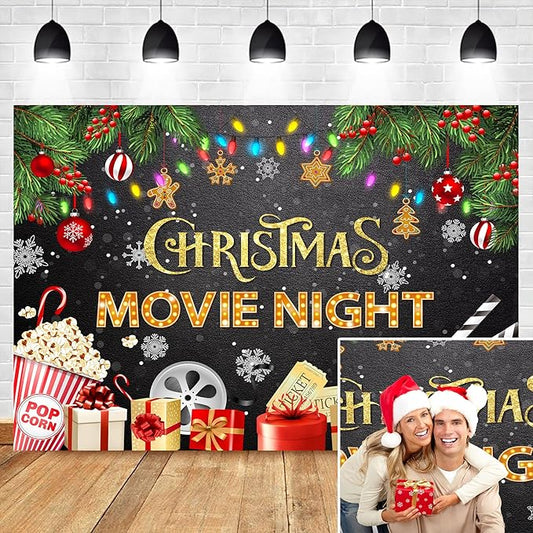 Homewelle Christmas Movie Night Party Backdrop 7Wx5H Feet Polyester Fabric Winter Merry Xmas Presents Holiday Snowflake Decoration Festival Photo Supplies Photography Background Photo Shoot Props