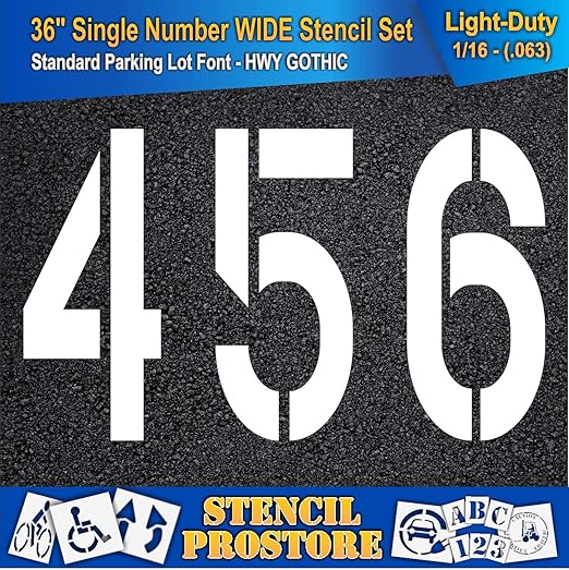 Pavement Stencils - 36 inch Number Stencil (Wide) Set (12 Pieces) - 0-9 - 36" x 16" x 1/16" (63 mil) - Light-Duty