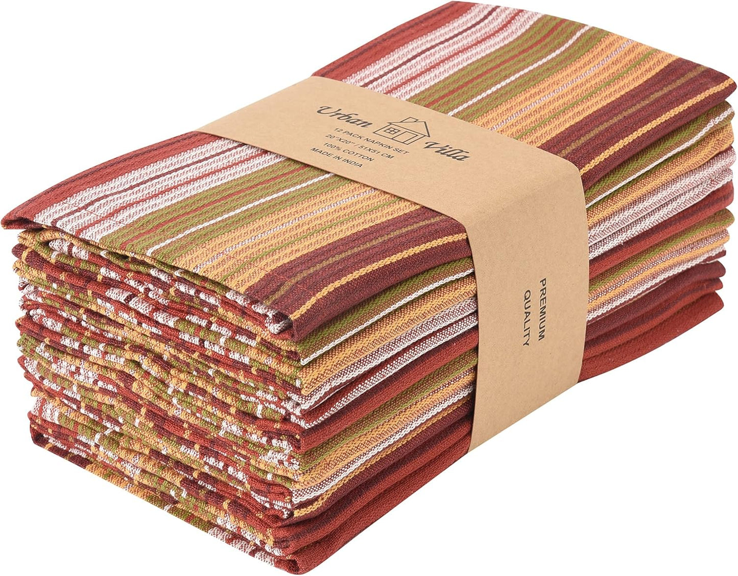 Urban Villa Fall Cloth Napkins Harvest Dobby Stripes Dinner Napkins Set of 12 (20X20 Inches) 100% Cotton Absorbent Durable Washable Reusable Cloth Napkins Ideal for Thanks Giving Parties Everyday Use