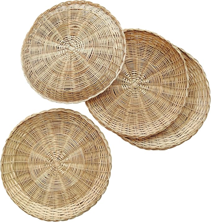 10in Handmade Wicker Paper Plate Holder, Heavy Duty Charger Plates for Dinner Plates, Set of 4 Reusable Bamboo Paper Plate Holders for Home Party Daily Dining Picnic