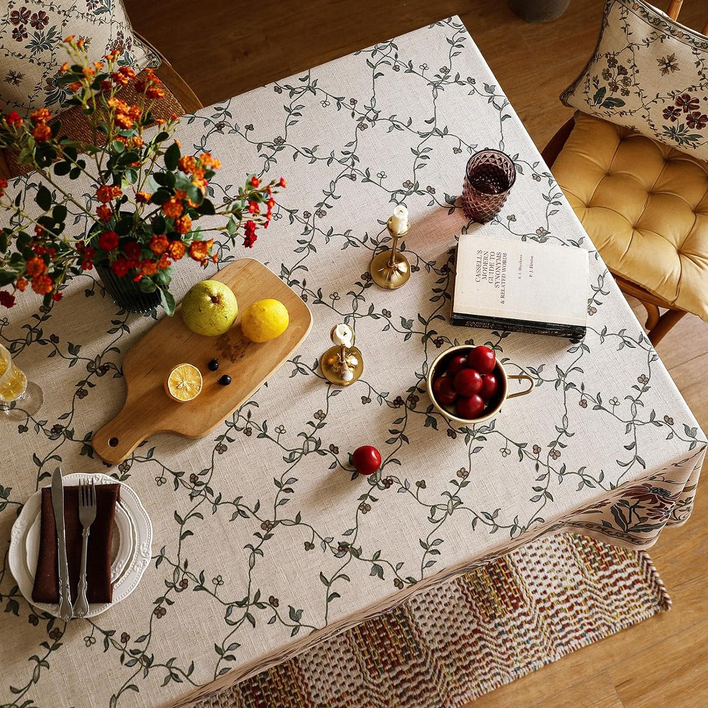 patdrea Designer Linen French Long Tablecloth for Rectangle Table,Fall Country Breathable Floral Tablecloths,Table Cover for Kitchen Dining,Tea Party,Christmas,Thanksgiving,63"x102"-Oliveirad