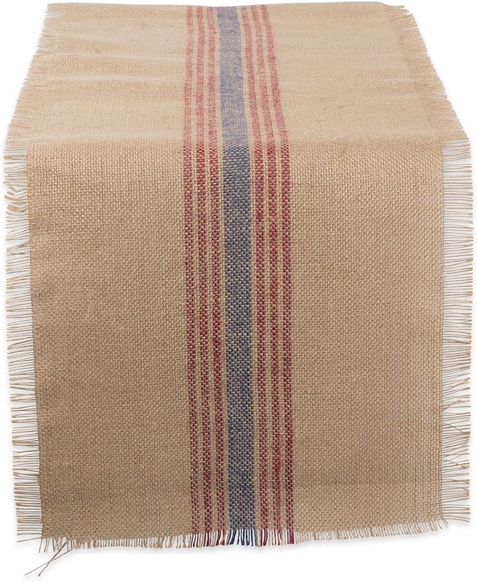 DII Jute Burlap Collection Kitchen Tabletop, Table Runner, 14x72, Middle Stripe Blue/Red